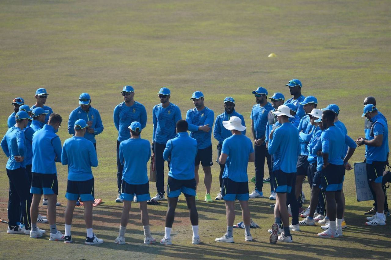 The South Africa players take part in a meeting during training, Rawalpindi, February 1, 2021