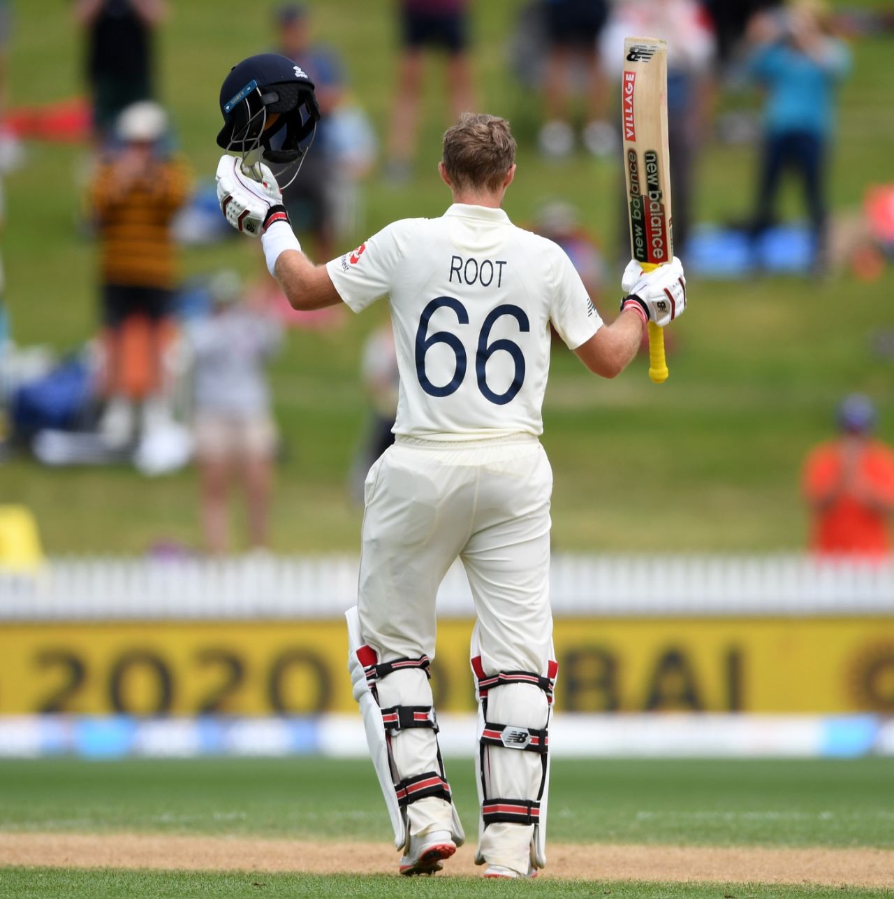 Joe Root celebrates after reaching his double-century at Seddon Park, Hamilton, December 2, 2019