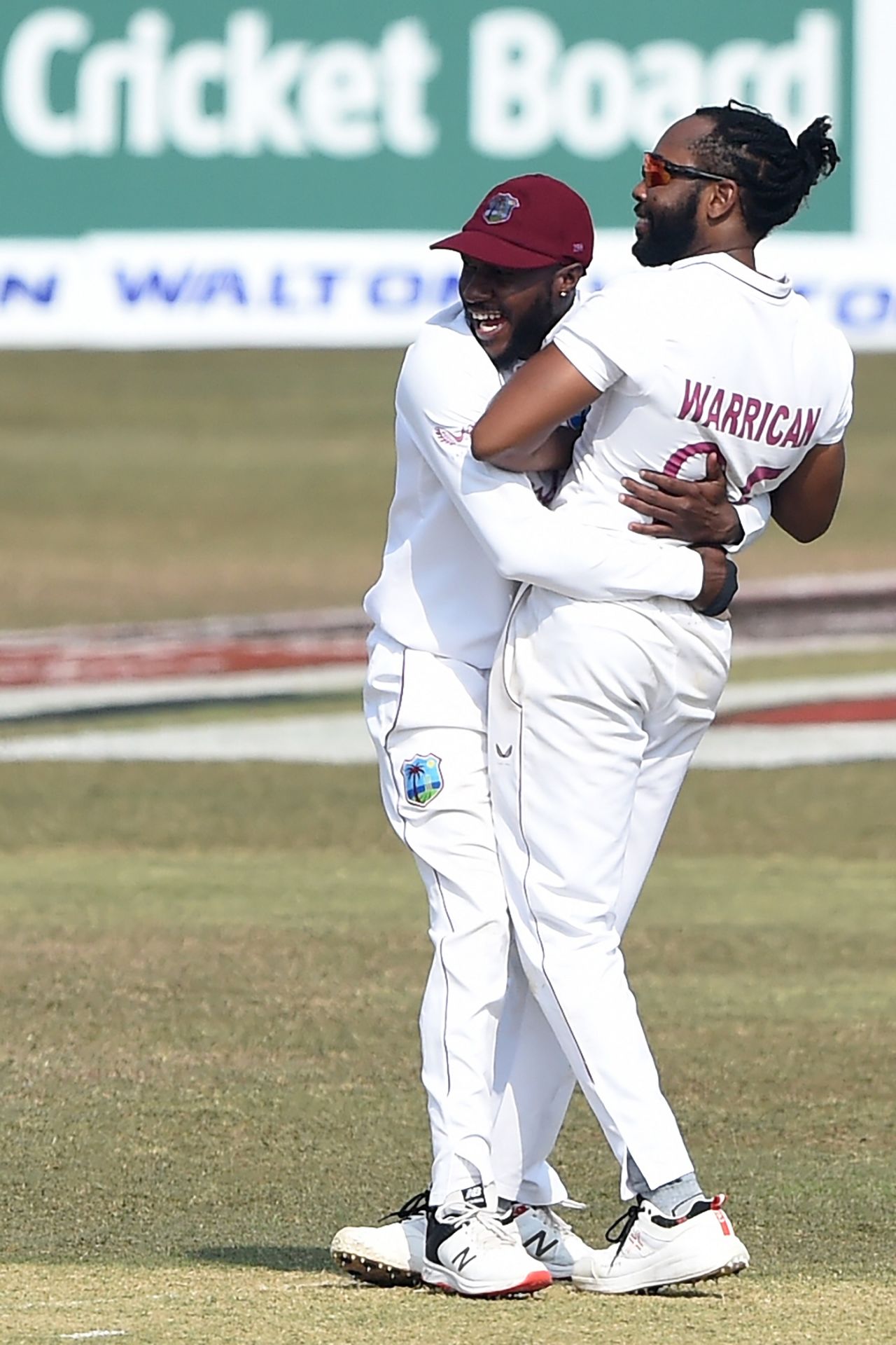 Jomel Warrican and Jermaine Blackwood celebrate a wicket, Bangladesh vs West Indies, 1st Test, Chattogram, day 1, February 3, 2021