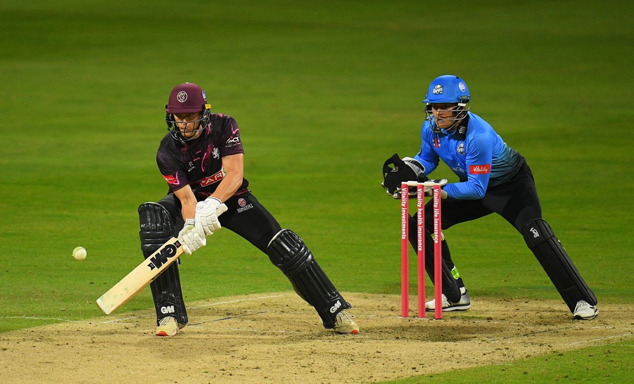 Tom Lammonby lines up a reverse paddle-sweep, Somerset v Worcestershire, Vitality Blast, Taunton, September 11, 2020