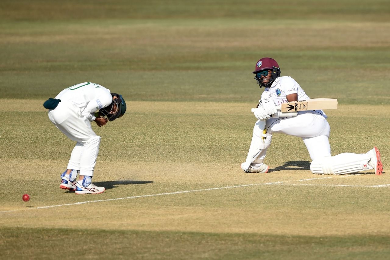 Kraigg Brathwaite sweeps down on one knee, Bangladesh vs West Indies, 1st Test, Chattogram, Day 2, February 4, 2021