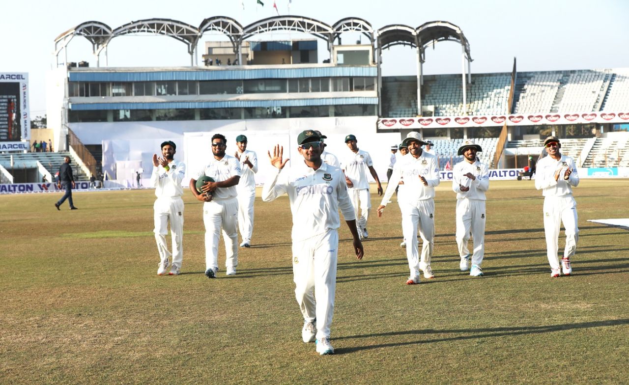 Mehidy Hasan Miraz leads his team off the field at the end of the day's play, Bangladesh vs West Indies, 1st Test, Chattogram, Day 2, February 4, 2021