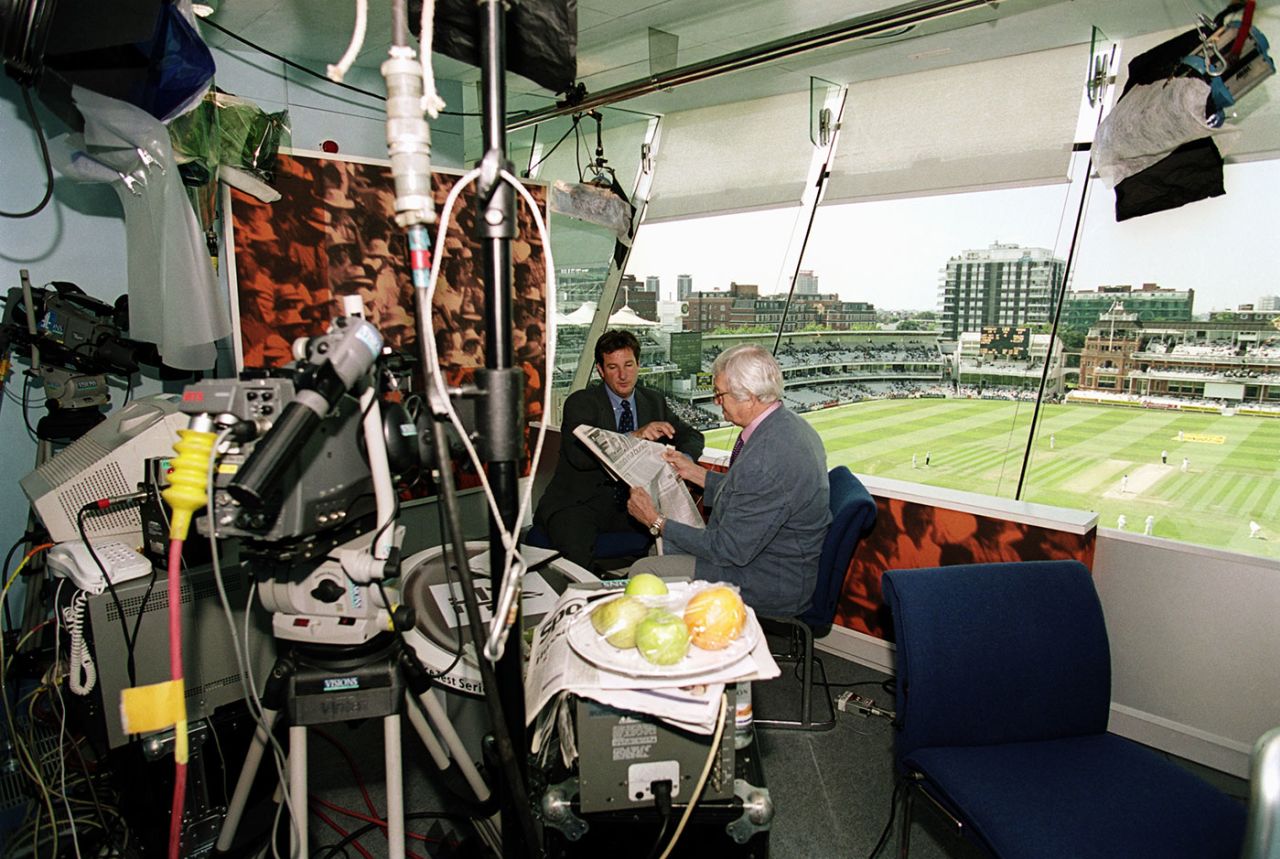 Mark Nicholas and Richie Benaud prepare to go on air for Channel 4 during the 1999 Lord's Test, England vs New Zealand, July 25, 1999