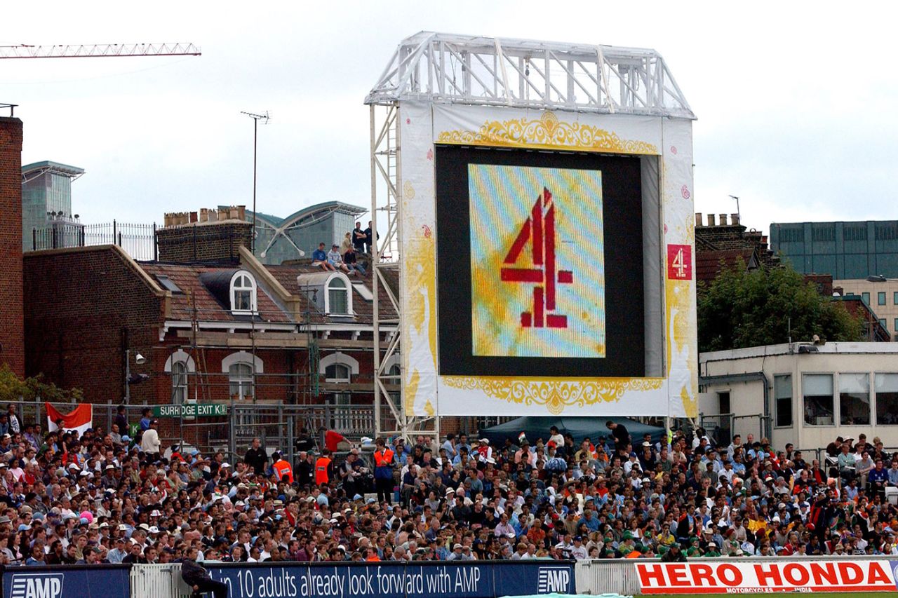 The Channel 4 logo on the big screen at The Oval, September 8, 2002