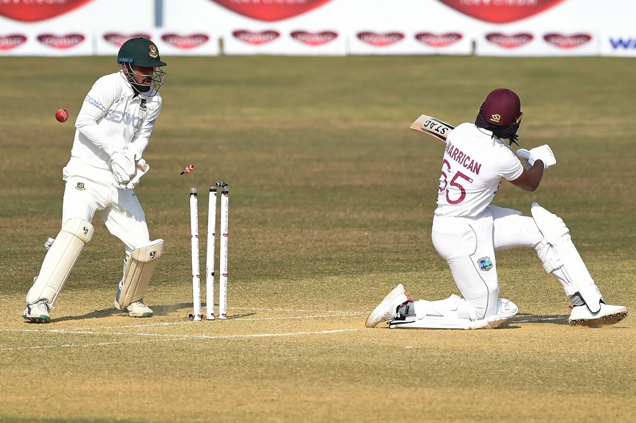 Jomel Warrican is bowled as West Indies collapse from 253 for 5 to 259 all out, Bangladesh vs West Indies, 1st Test, Chattogram, Day 3, February 5, 2021