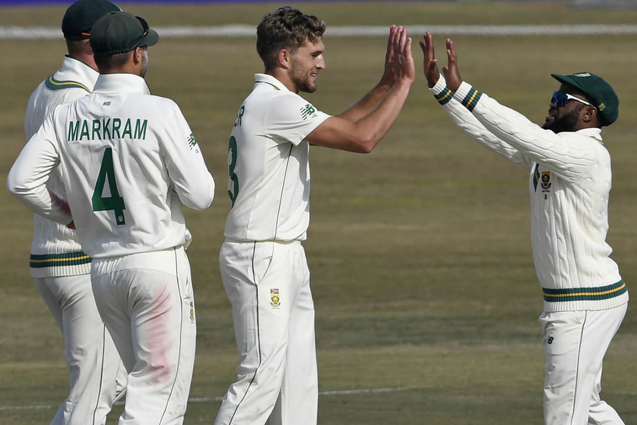 Wiaan Mulder celebrates a wicket, Pakistan vs South Africa, 2nd Test, Rawalpindi, 2nd day, February 5, 2021