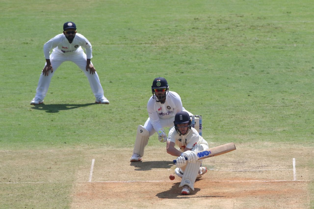 Ollie Pope gets low to reverse-sweep, India vs England, 1st Test, Chennai, 2nd day, February 6, 2021