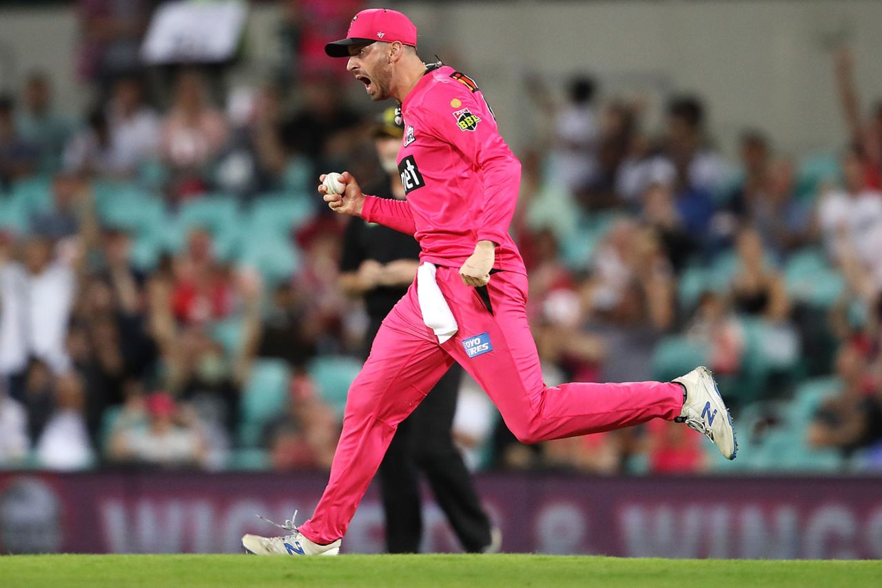 James Vince is pumped after taking a catch, Sydney Sixers vs Perth Scorchers, BBL final, SCG, February 6, 2021