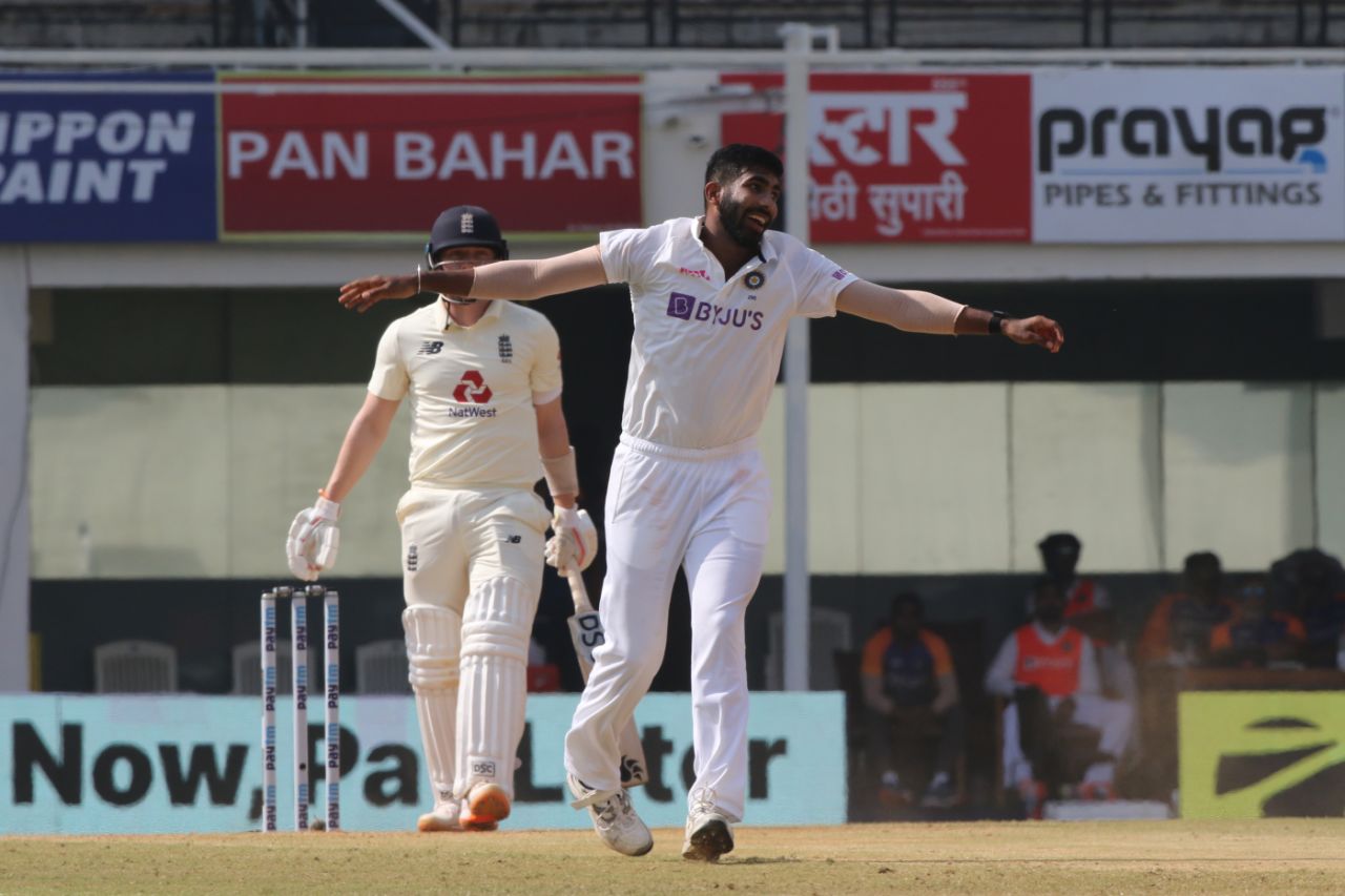 Jasprit Bumrah is pleased after getting Dom Bess early on day three, India vs England, 1st Test, Chennai, 3rd day, February 7, 2021