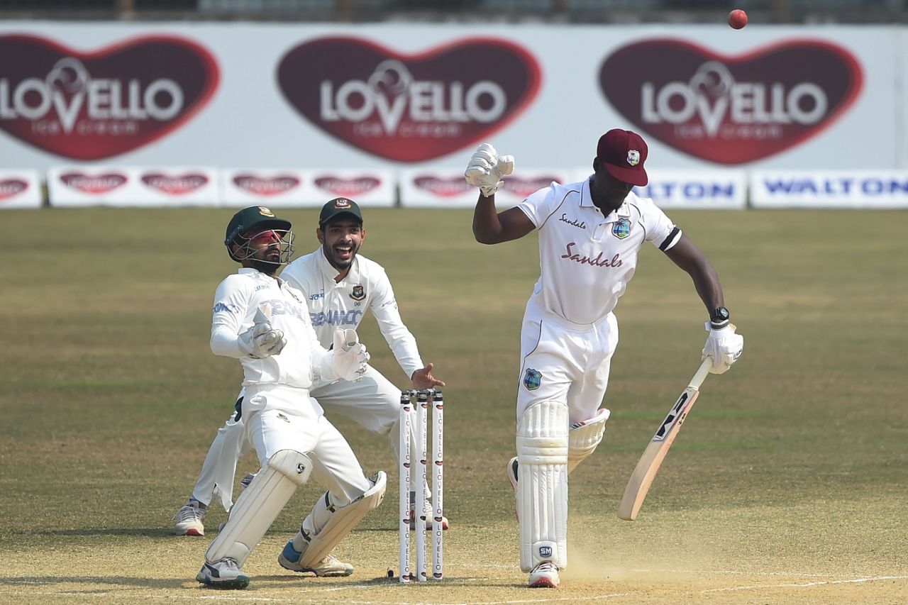Nkrumah Bonner is surprised by the extra bounce on one, Bangladesh vs West Indies, 1st Test, Chattogram, Day 5, February 7, 2021