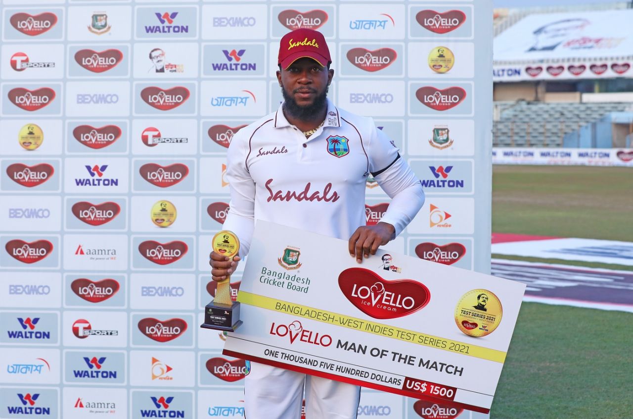 Kyle Mayers poses with the Player of the Match award, also his 210th run in the innings, Bangladesh vs West Indies, 1st Test, Chattogram, Day 5, February 7, 2021