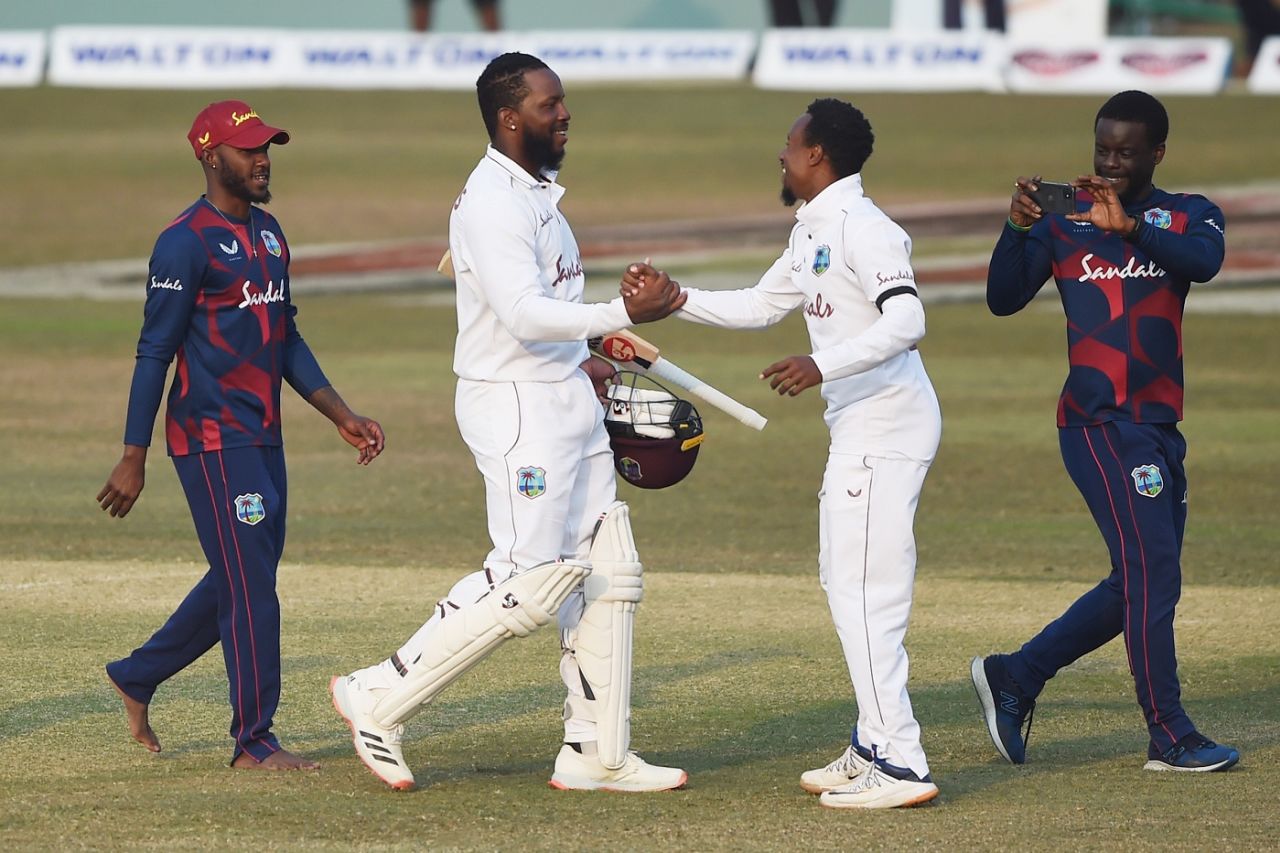 Kyle Mayers is congratulated by his team-mates after West Indies' historic win, Bangladesh vs West Indies, 1st Test, Chattogram, Day 5, February 7, 2021