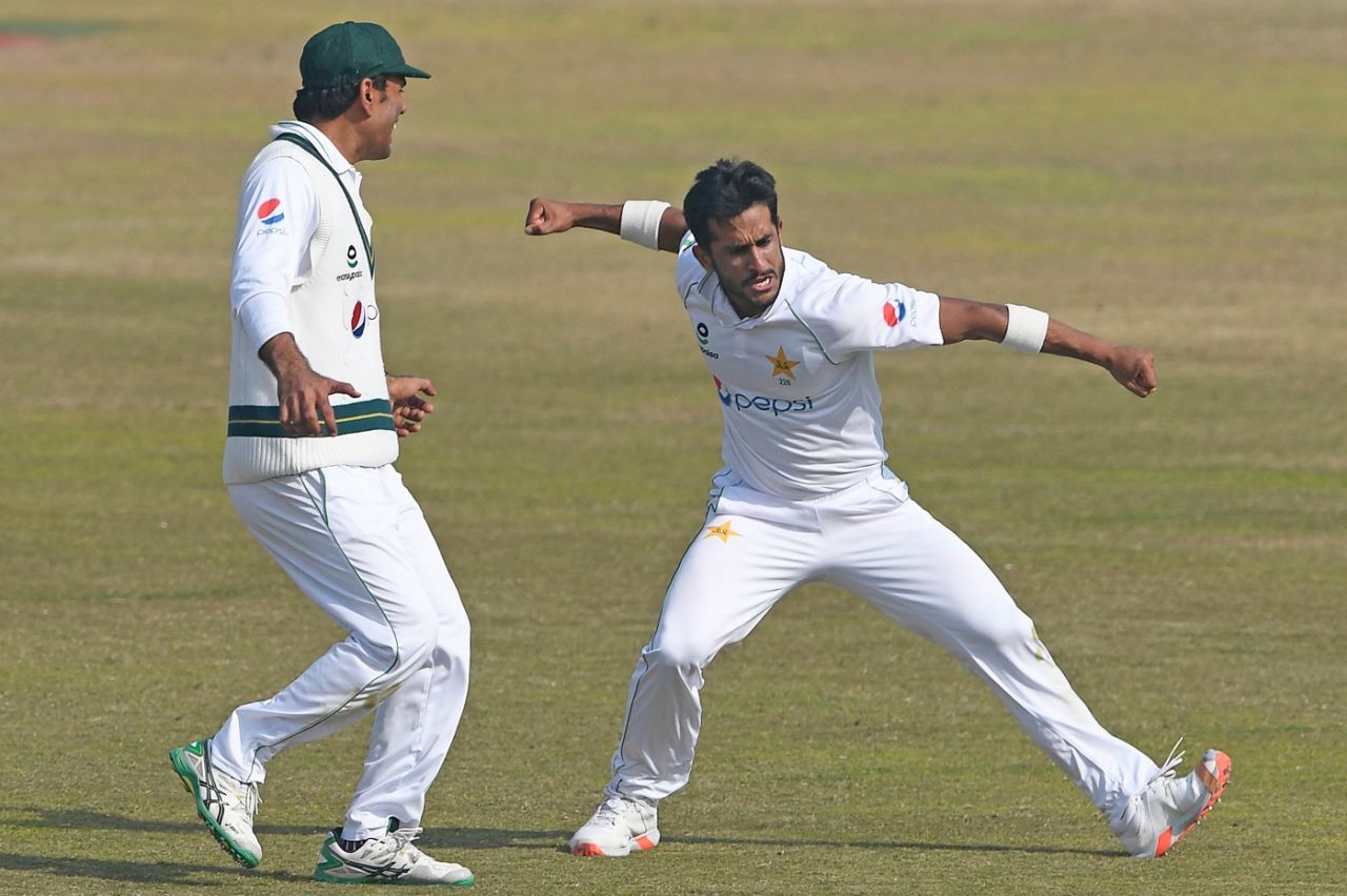 Hasan Ali celebrates after completing his four-for, Pakistan vs South Africa, 2nd Test, Rawalpindi, 5th day, February 8, 2021