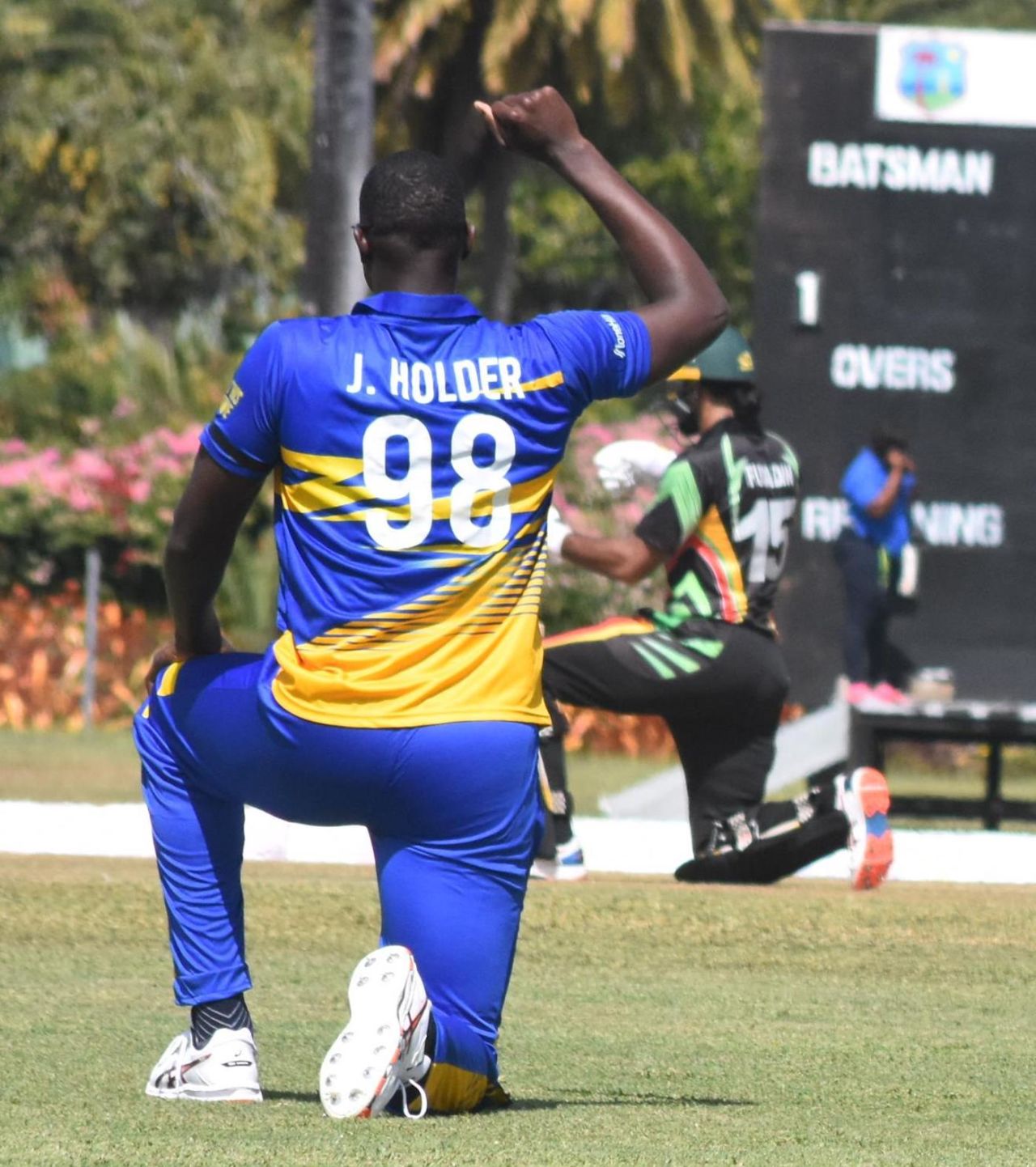 Jason Holder takes a knee before the start of the game, Guyana vs Barbados, Super50 Cup, Coolidge, February 8, 2021