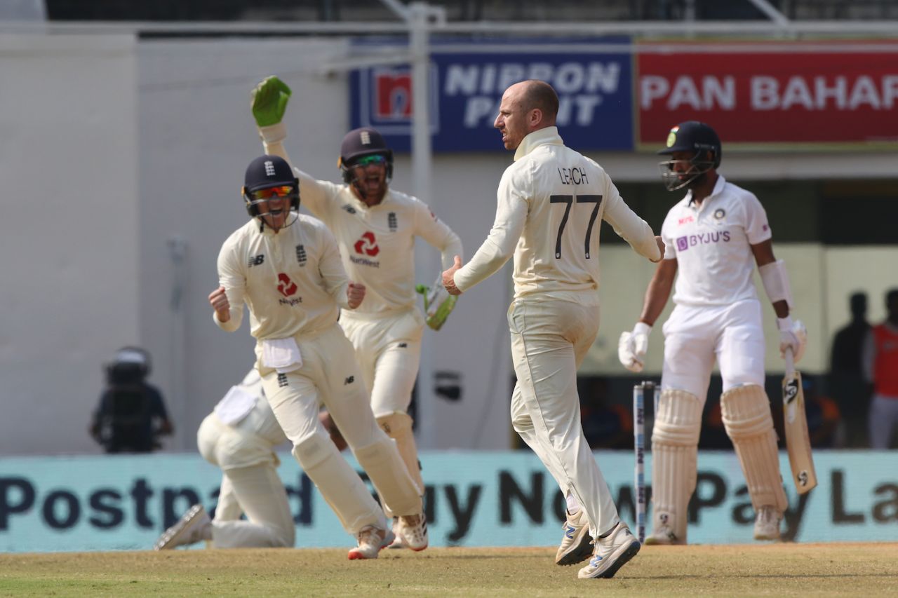 England players celebrate after Jack Leach dismissed Cheteshwar Pujara, India vs England, 1st Test, Chennai, 5th day, February 9, 2021