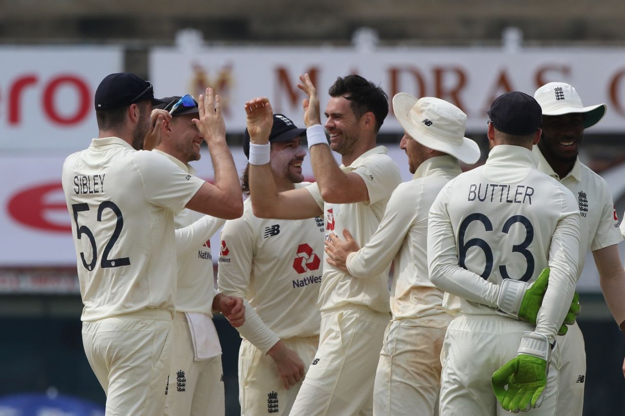James Anderson celebrates the wicket of Ajinkya Rahane, India vs England, 1st Test, Chennai, 5th day, February 9, 2021