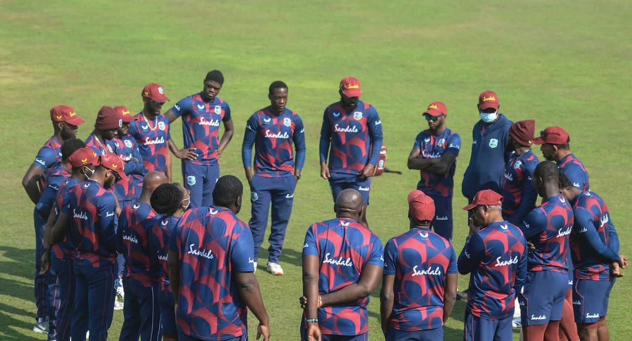 The West Indies squad holds a meeting while training, Dhaka, February 9, 2021
