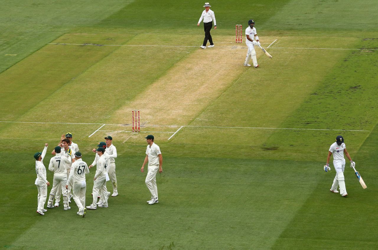 Pat Cummins celebrates after his dismissal of Shubman Gill, day two, second Test, Australia vs India, MCG, Melbourne, Australia, December 27, 2020