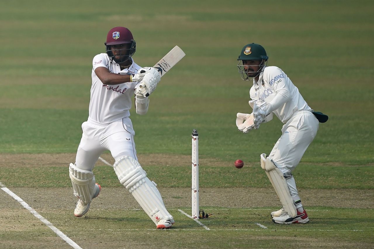 Kraigg Brathwaite pulls the spinner with Liton Das looking on, Bangladesh v West Indies, 2nd Test, Dhaka, 1st day, February 11, 2021