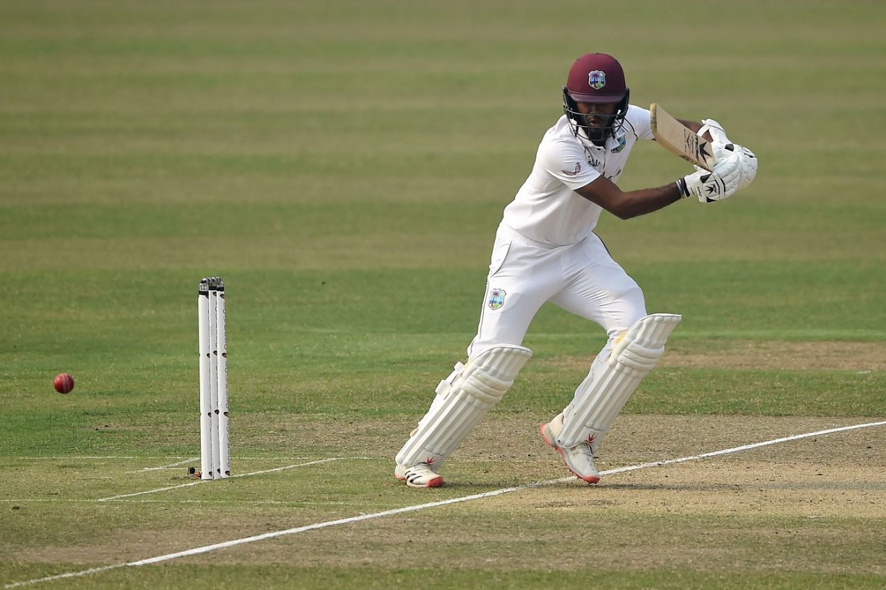 Kraigg Brathwaite drives one through point, Bangladesh v West Indies, 2nd Test, Dhaka, 1st day, February 11, 2021