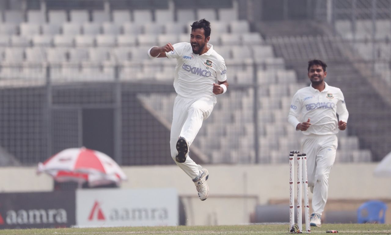 Abu Jayed takes off in celebration, Bangladesh v West Indies, 2nd Test, Dhaka, 1st day, February 11, 2021