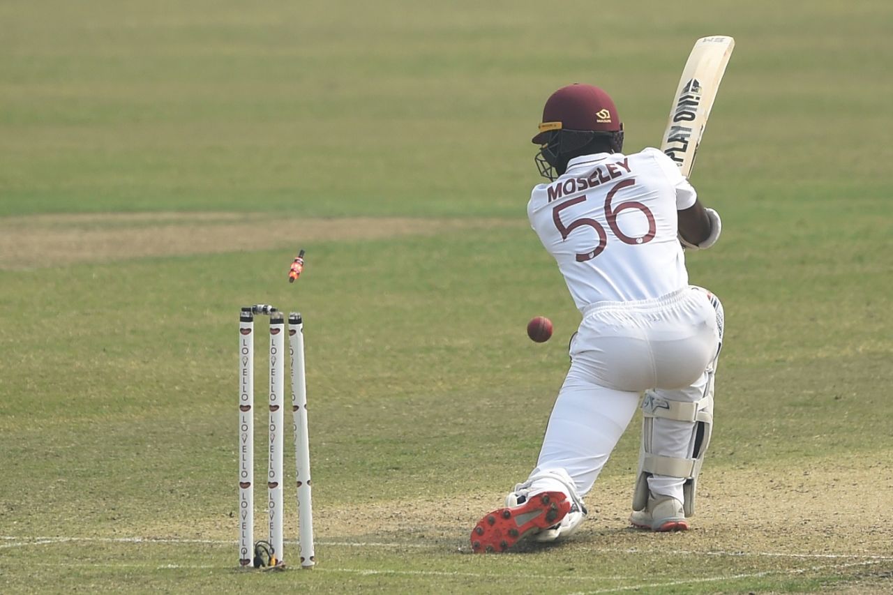 Shayne Moseley chases a wide one on to his stumps, Bangladesh v West Indies, 2nd Test, Dhaka, 1st day, February 11, 2021
