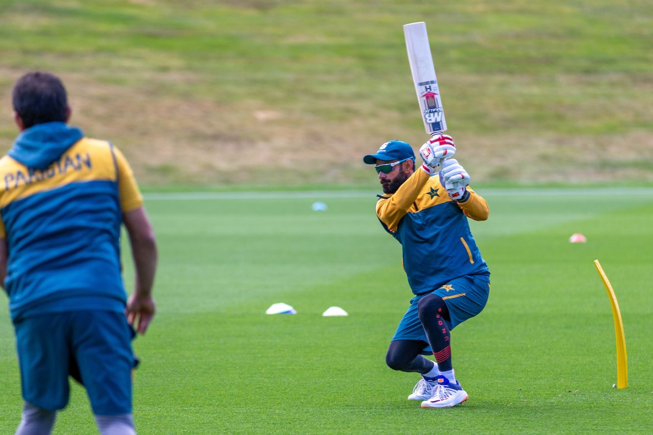 Mohammad Hafeez bats at a training session, Queenstown Events Centre, December 9, 2020
