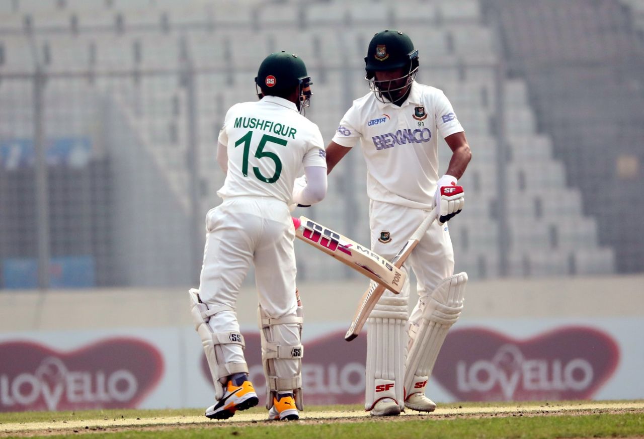 Mushfiqur Rahim taps gloves with Mohammad Mithun after bringing up his half-century, Bangladesh vs West Indies, 2nd Test, Dhaka, 3rd day, February 13, 2021