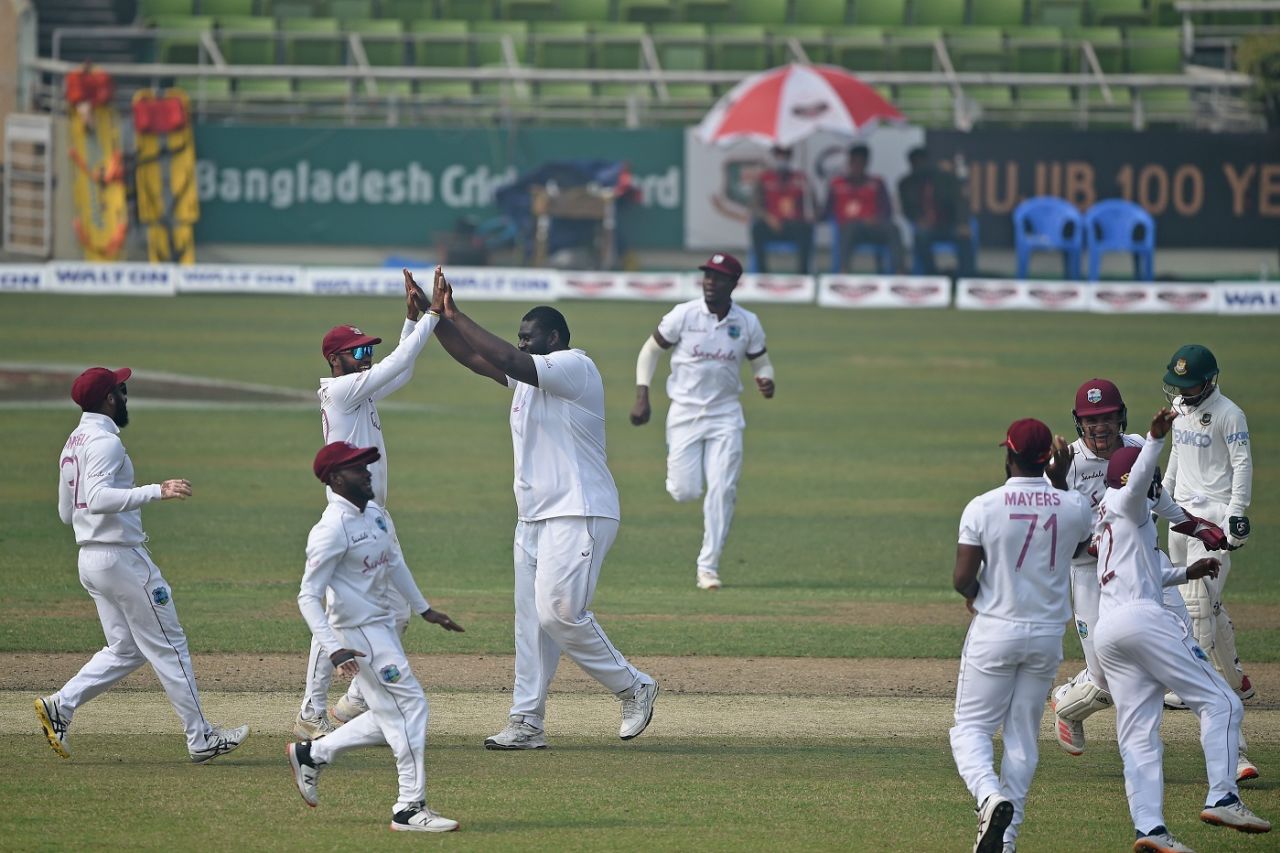 Rahkeem Cornwall celebrates the wicket of Mohammad Mithun, Bangladesh vs West Indies, 2nd Test, Dhaka, 3rd day, February 13, 2021