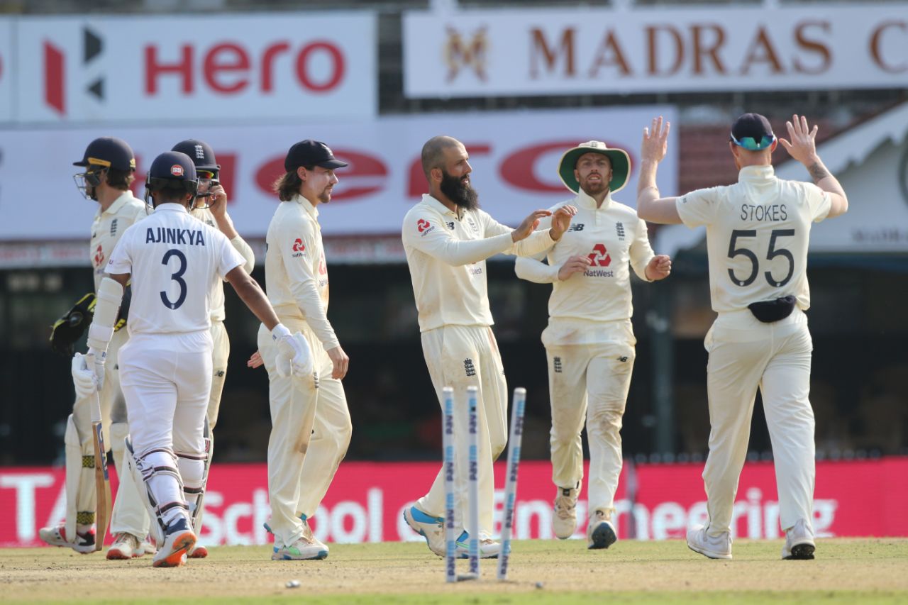 Moeen Ali bowled Ajinkya Rahane for 67, India vs England, 2nd Test, Chennai, 1st day, February 13, 2021
