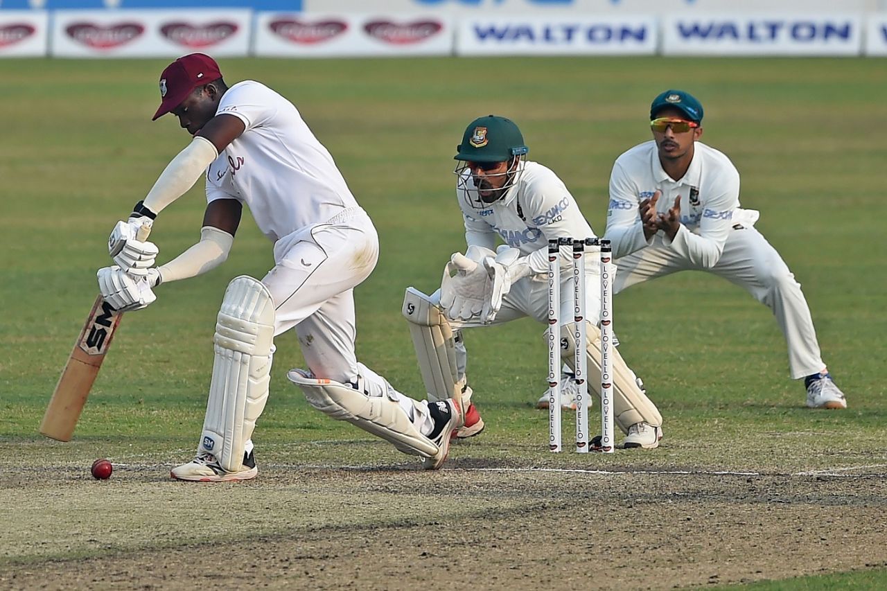 Nkrumah Bonner stretches far forward to defend one, Bangladesh vs West Indies, 2nd Test, Dhaka, 3rd day, February 13, 2021