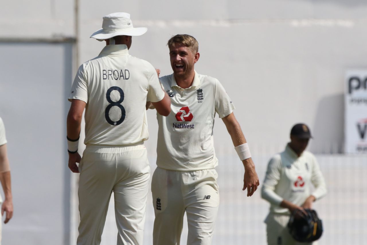 Olly Stone shares a laugh with his new-ball partner Stuart Broad, India vs England, 2nd Test, Chennai, 2nd day, February 14, 2021