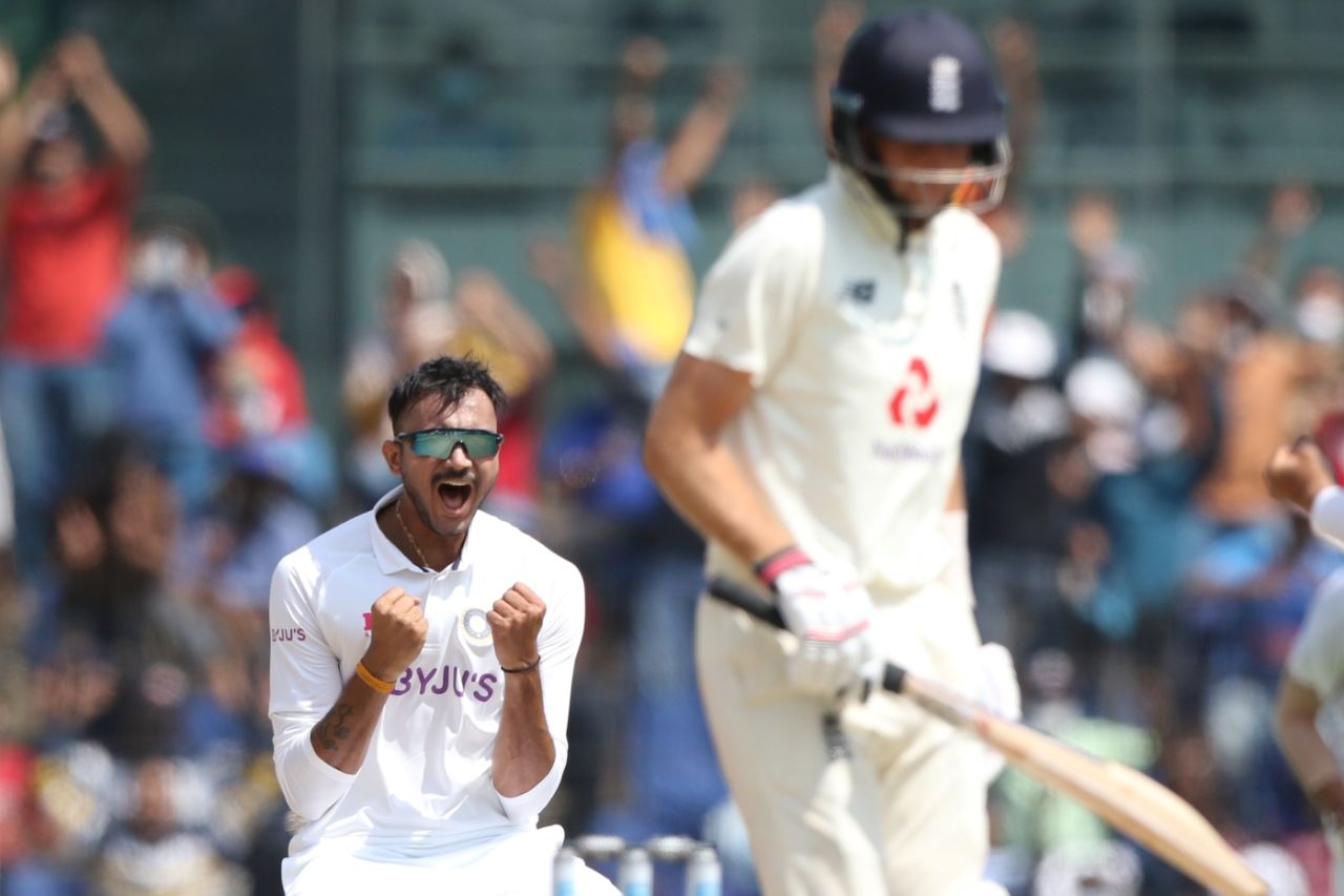 Axar Patel exults after claiming Joe Root for his maiden Test wicket, India vs England, 2nd Test, Chennai, 2nd day, February 14, 2021