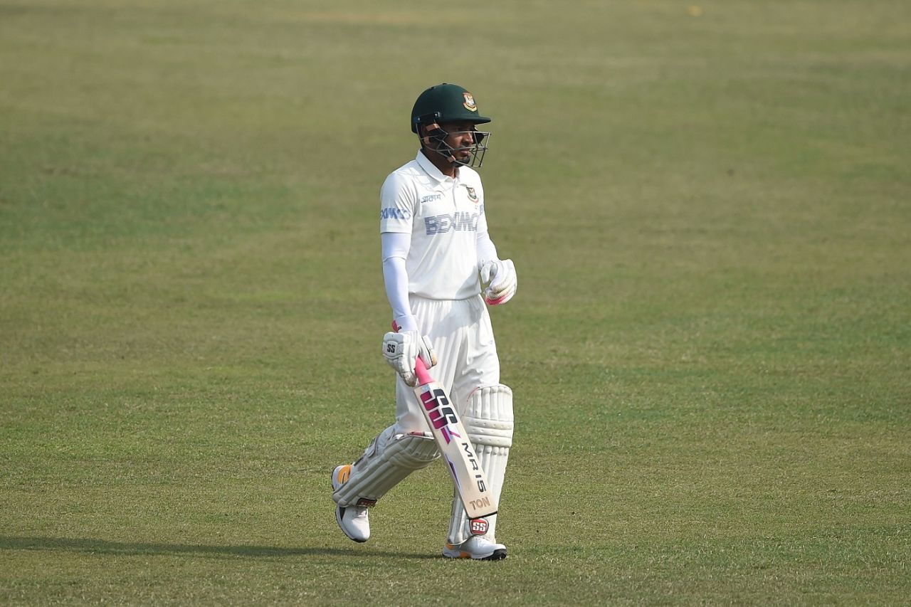 Mushfiqur Rahim is bemused as he walks back after his dismissal, Bangladesh v West Indies, 2nd Test, Dhaka, 4th day, February 14, 2021