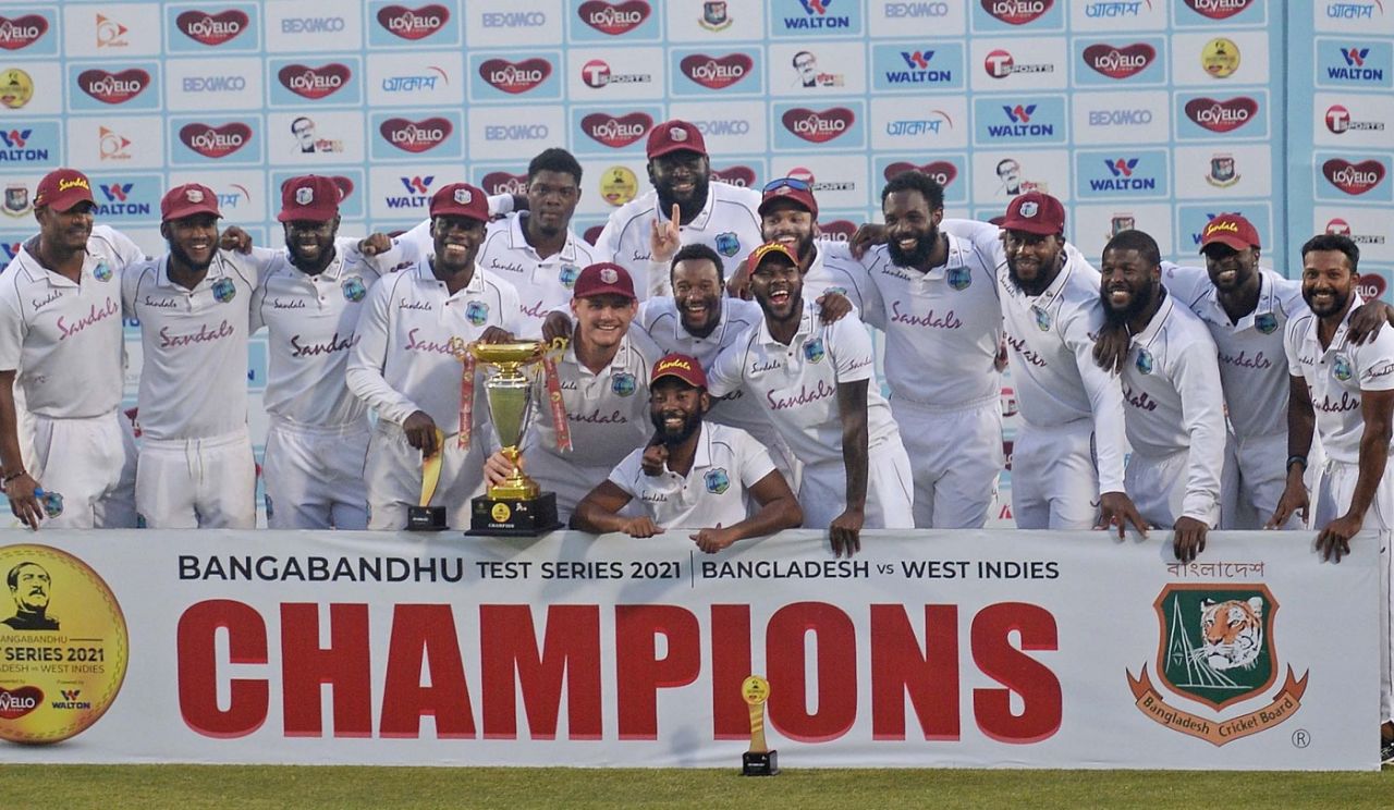 The West Indies players pose with the series trophy, Bangladesh vs West Indies, 2nd Test, Dhaka, 4th day, February 14, 2021