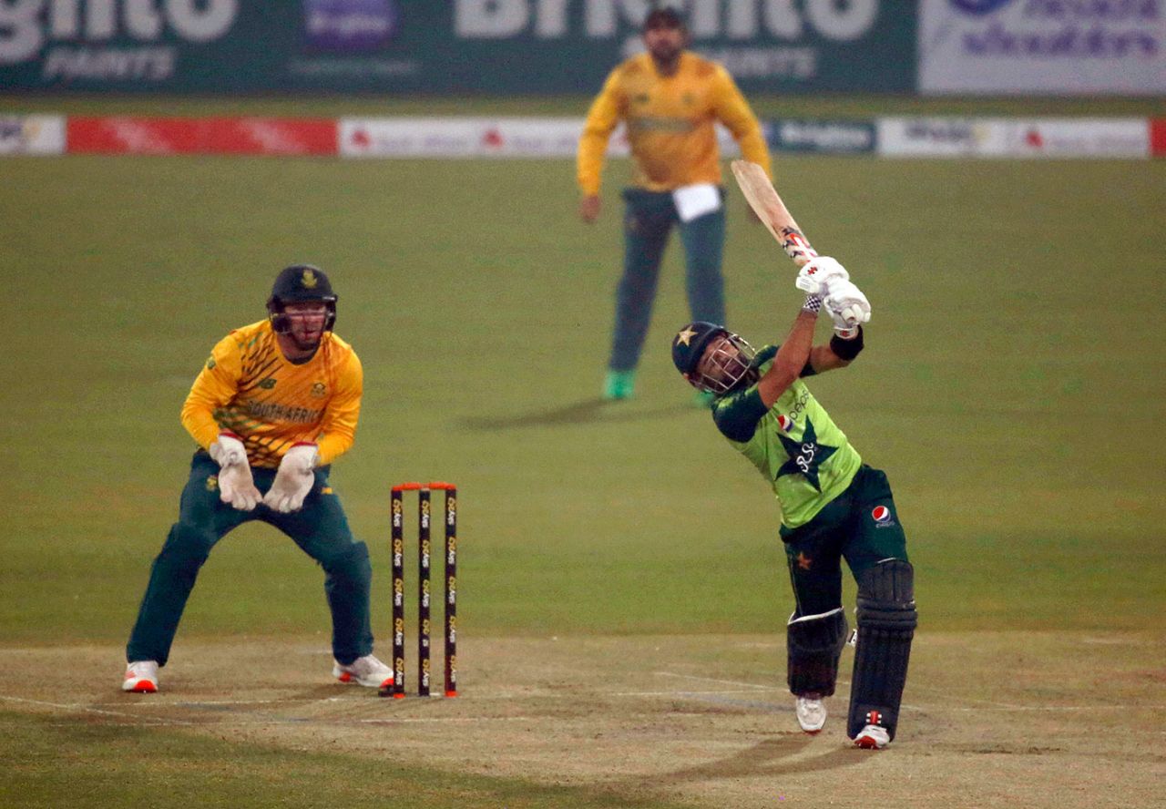 Mohammad Rizwan drives down the ground during his innings of 42, Pakistan v South Africa, 3rd T20I, Lahore, February 14, 2021