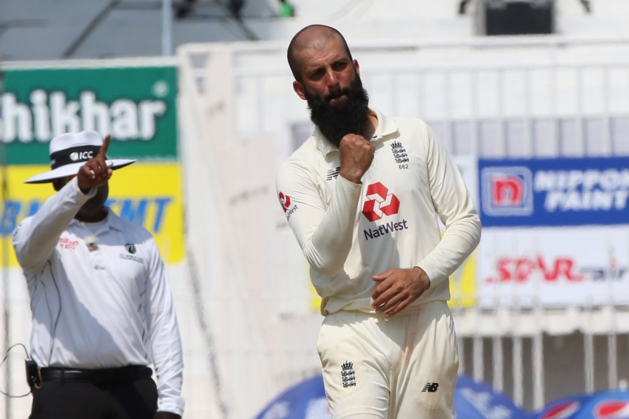 Moeen Ali celebrates one of his four second-innings strikes, India vs England, 2nd Test, Chennai, 3rd day, February 15, 2021