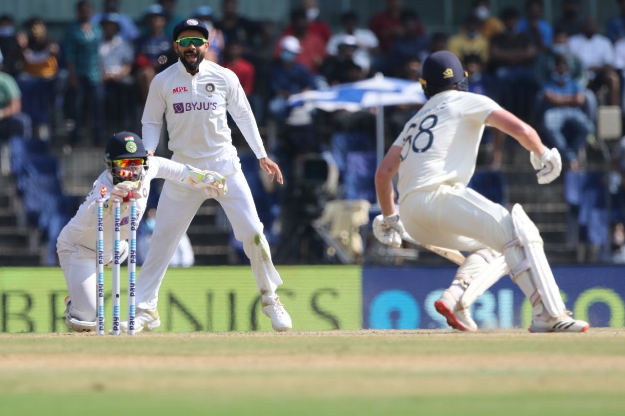 Rishabh Pant lunges forward to catch Dan Lawrence out of the crease, India vs England, 2nd Test, Chennai, 4th day, February 16, 2021