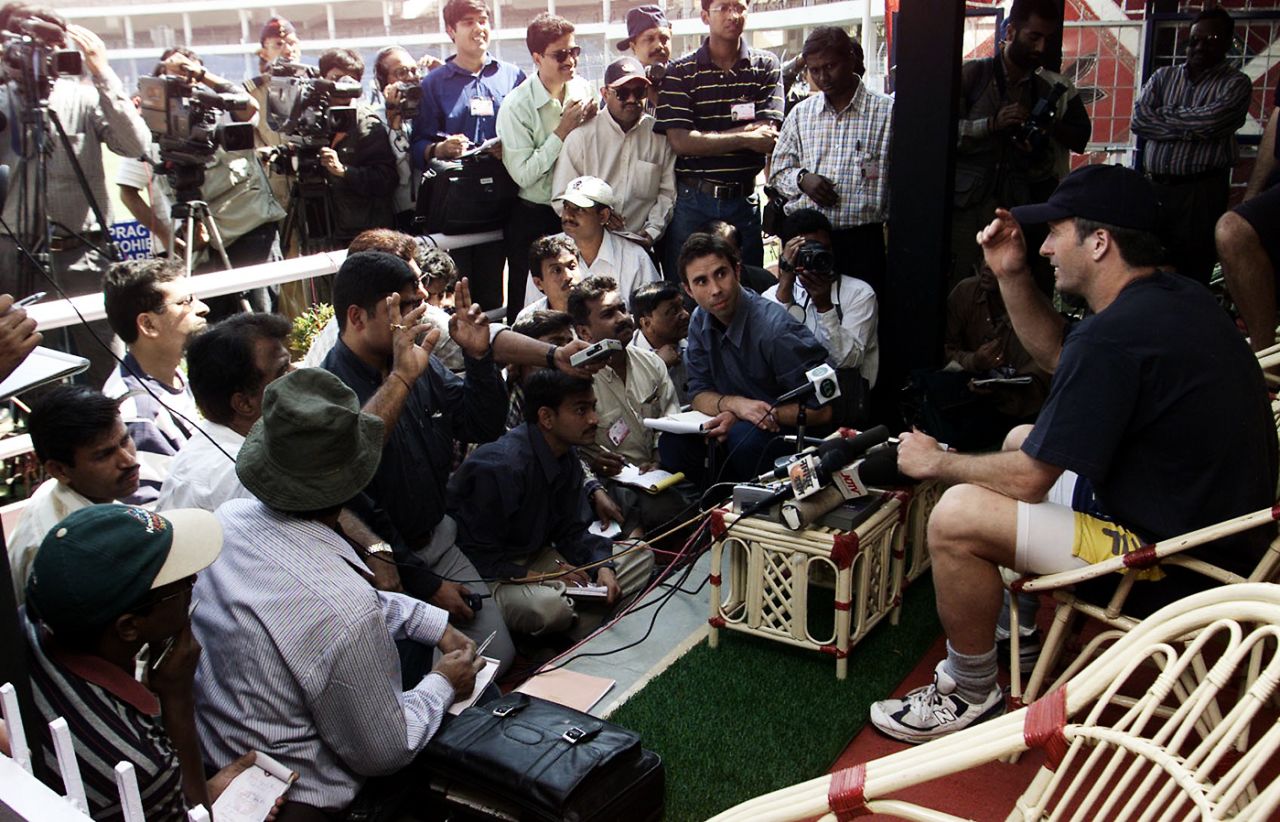 Steve Waugh talks to journalists ahead of the tour game, Nagpur, February 16, 2001