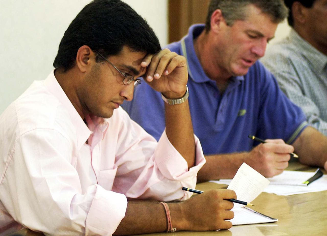 Sourav Ganguly and John Wright at a selection meeting to pick players for the tour of South Africa, Mumbai, September 7, 2001