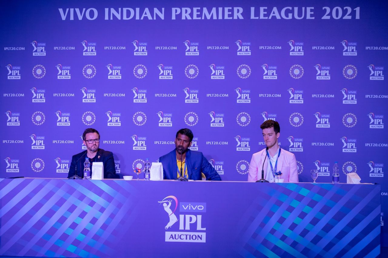 RCB's team director Mike Hesson, CSK's bowling coach L Balaji and Royals' COO Jake Lush McCrum attend a press conference during the IPL 2021 auction, Chennai, February 18, 2021