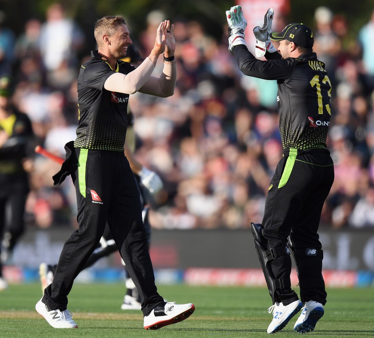 Daniel Sams and Matthew Wade celebrate the wicket of Martin Guptill, New Zealand vs Australia, 1st T20I, Christchurch, February 22, 2021