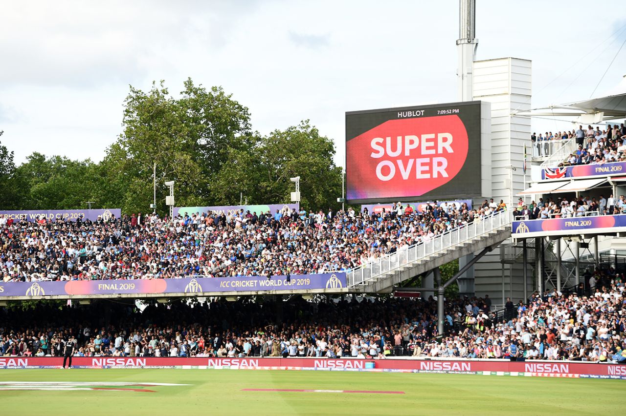 The scoreboard announces a Super Over, England v New Zealand, World Cup 2019, Lord's, July 14, 2019