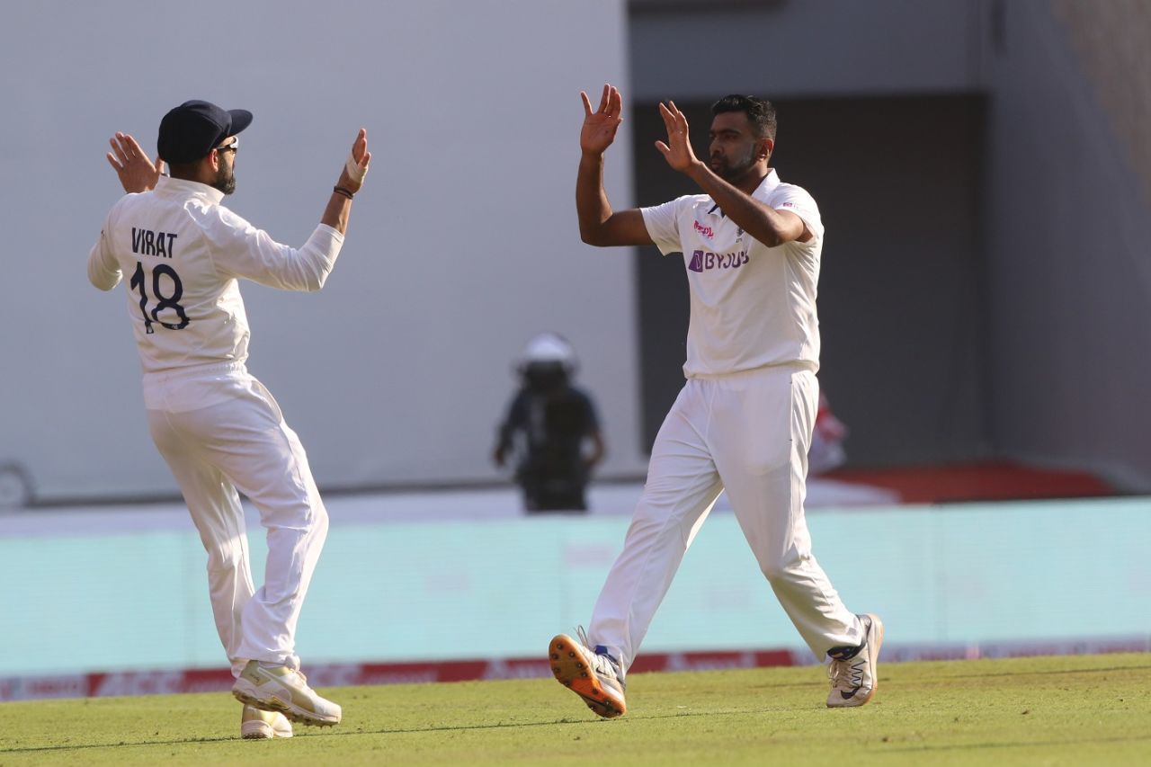Virat Kohli and R Ashwin celebrate after England lost a wicket just after tea, India vs England, 3rd Test, Ahmedabad, Day 1, February 24, 2021