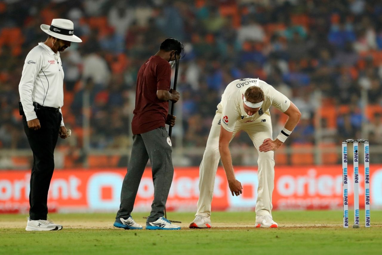 Stuart Broad had some work done on his landing zone, India vs England, 3rd Test, Ahmedabad, 1st day, February 24, 2021