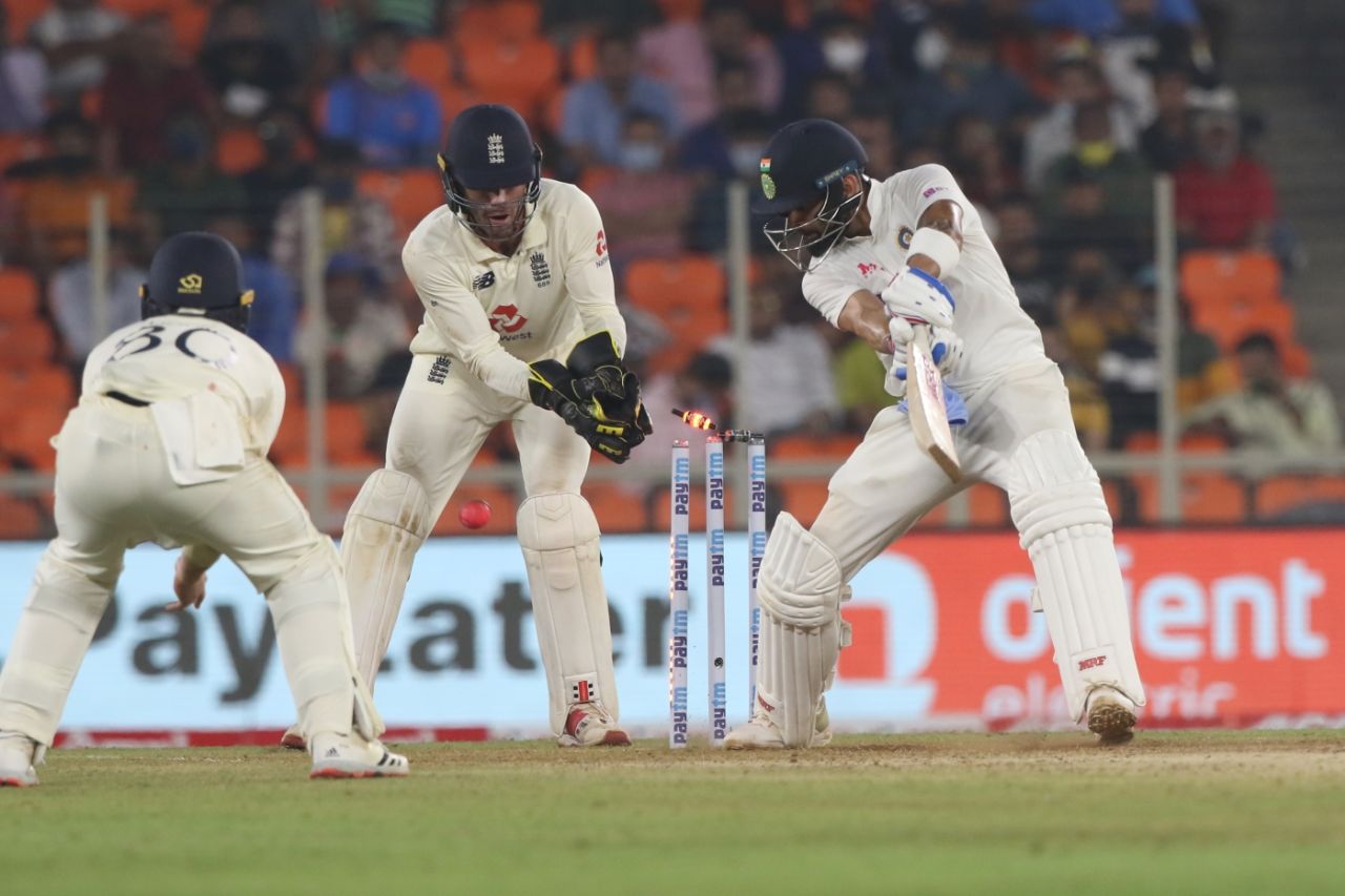 Virat Kohli chopped on in the last over of the day, India vs England, 3rd Test, Ahmedabad, 1st day, February 24, 2021