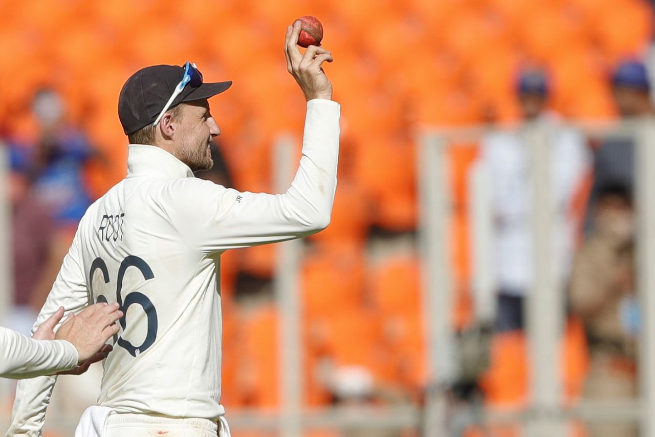 Joe Root holds the ball aloft after picking up a five-for, India vs England, 3rd Test, Ahmedabad, Day 2, February 25, 2021