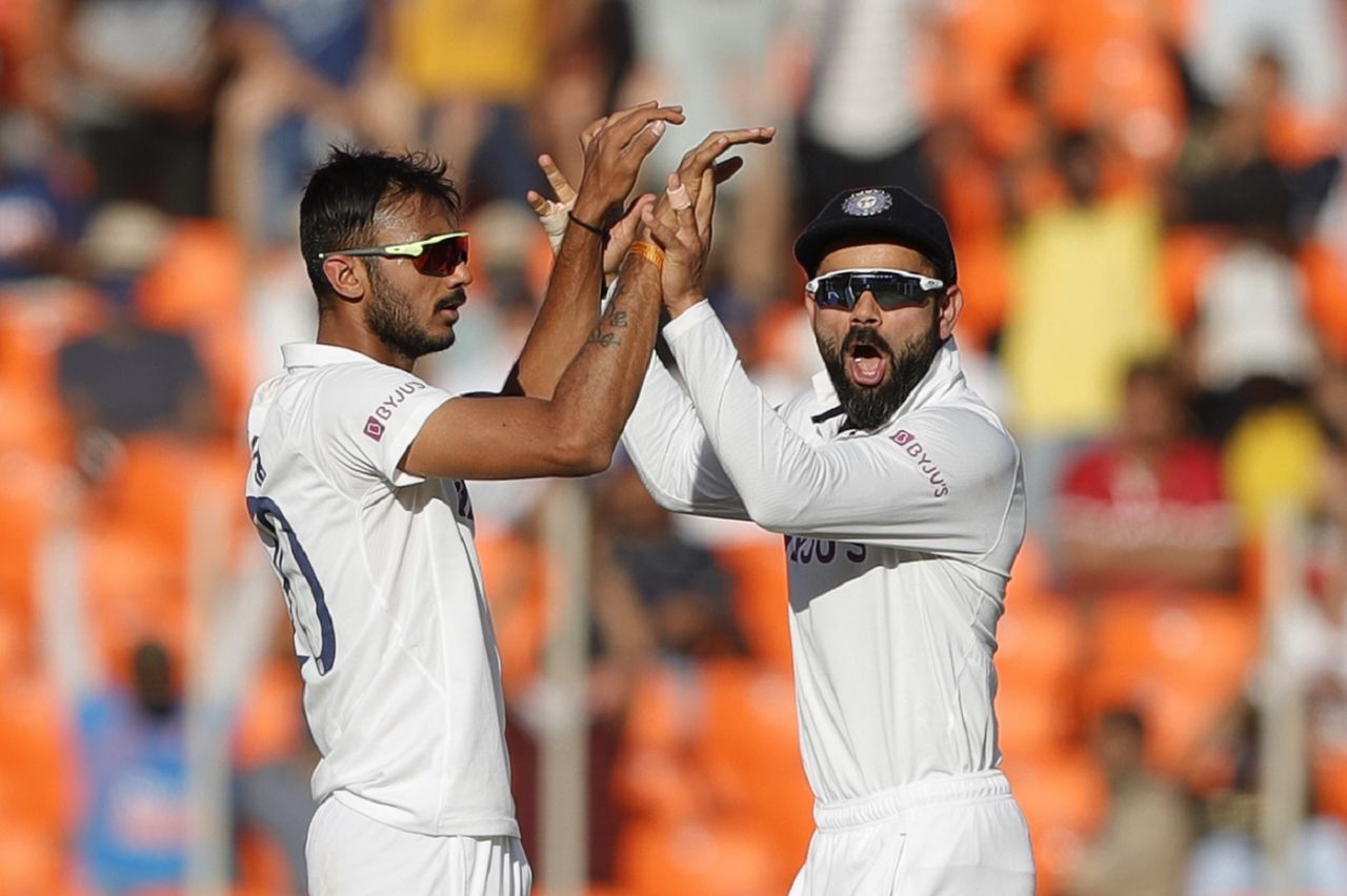 Axar Patel celebrates a wicket with an excited Virat Kohli, India vs England, 3rd Test, Ahmedabad, Day 2, February 25, 2021