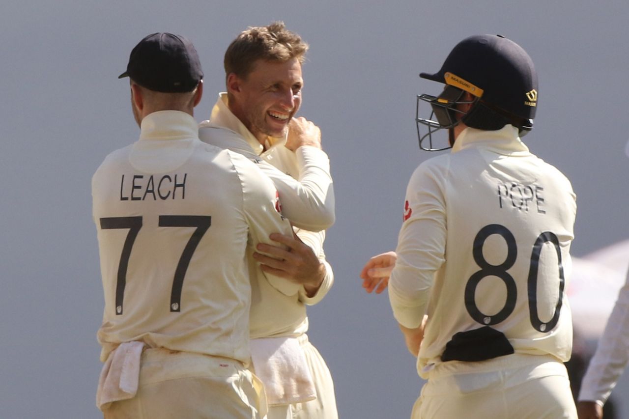 Joe Root, Jack Leach, and Ollie Pope celebrate a wicket, India vs England, 3rd Test, Ahmedabad, Day 2, February 25, 2021