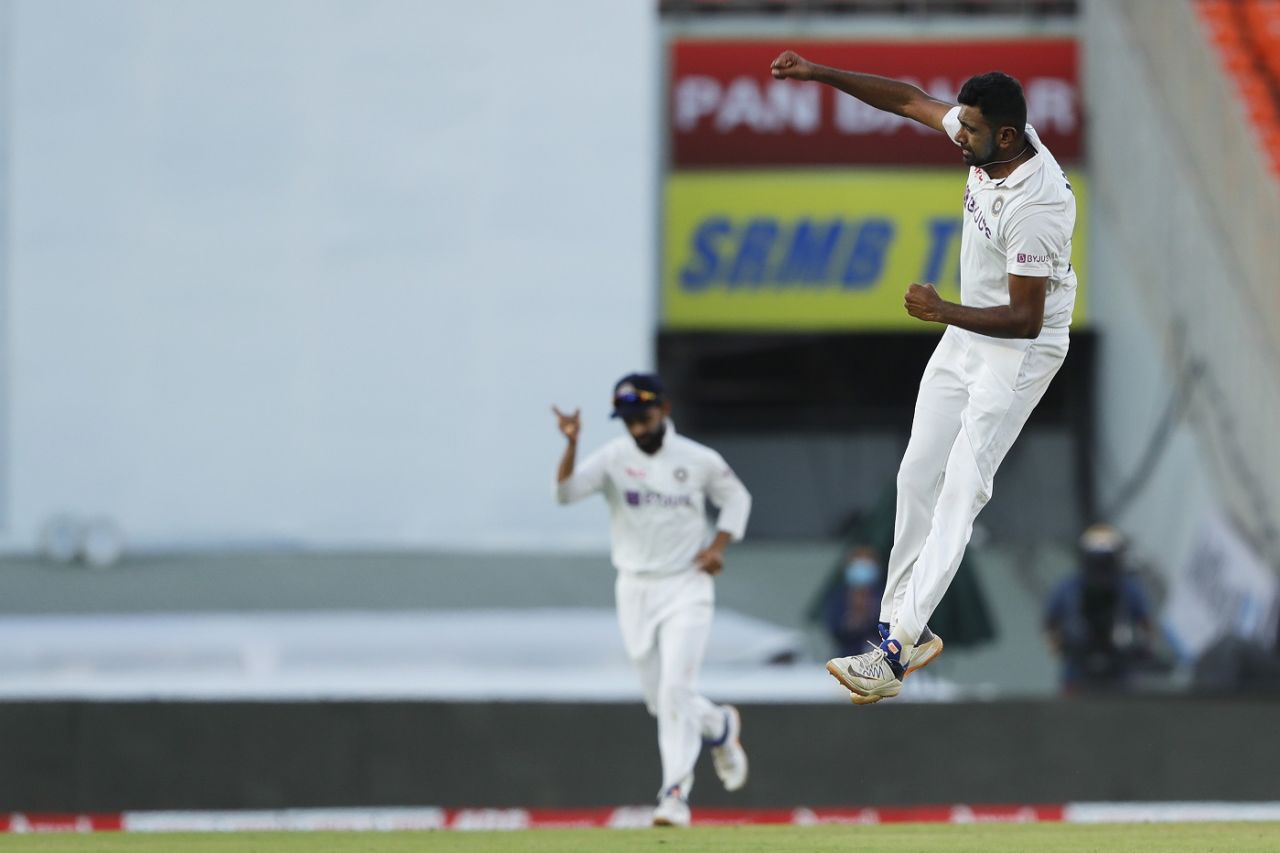 R Ashwin punches in the air after bowling Ollie Pope, his 399th Test wicket, India vs England, 3rd Test, Ahmedabad, Day 2, February 25, 2021